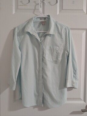 Chico's No Iron Blue White Gingham Plaid Cotton Button Down Shirt Blouse 0 S 4/6
